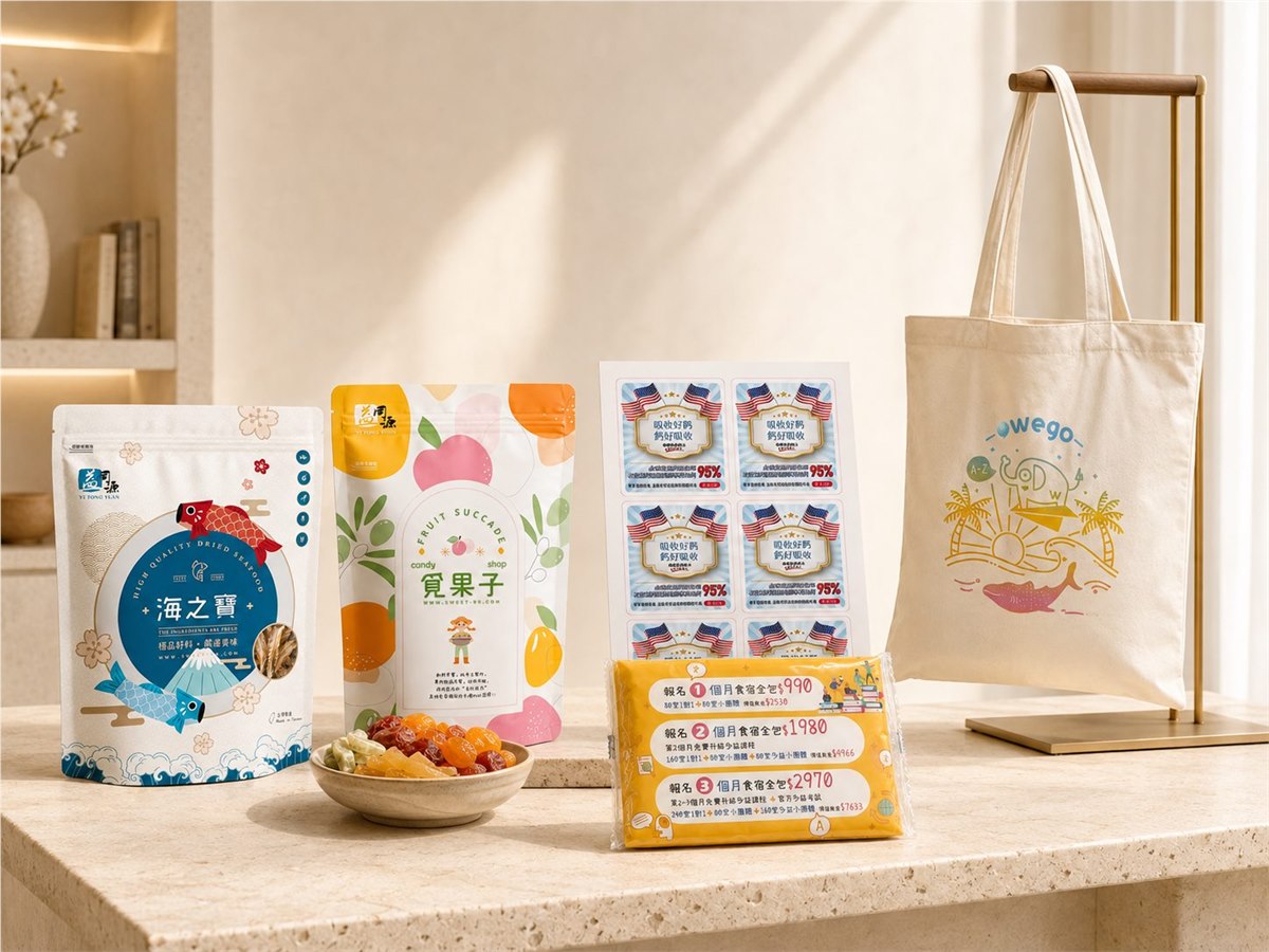 五款精品包裝展示，不同品項包裝的系列化展示