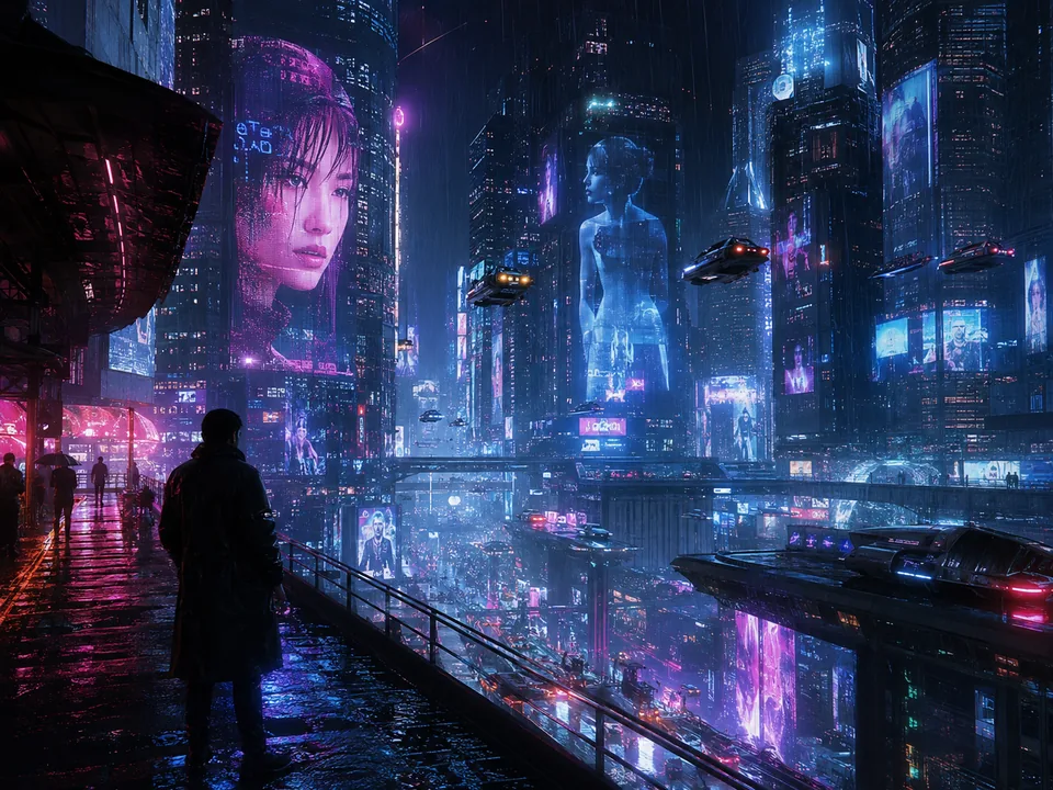 套用賽博龐克城市 AI 指令後生成的雨夜霓虹街景示範圖