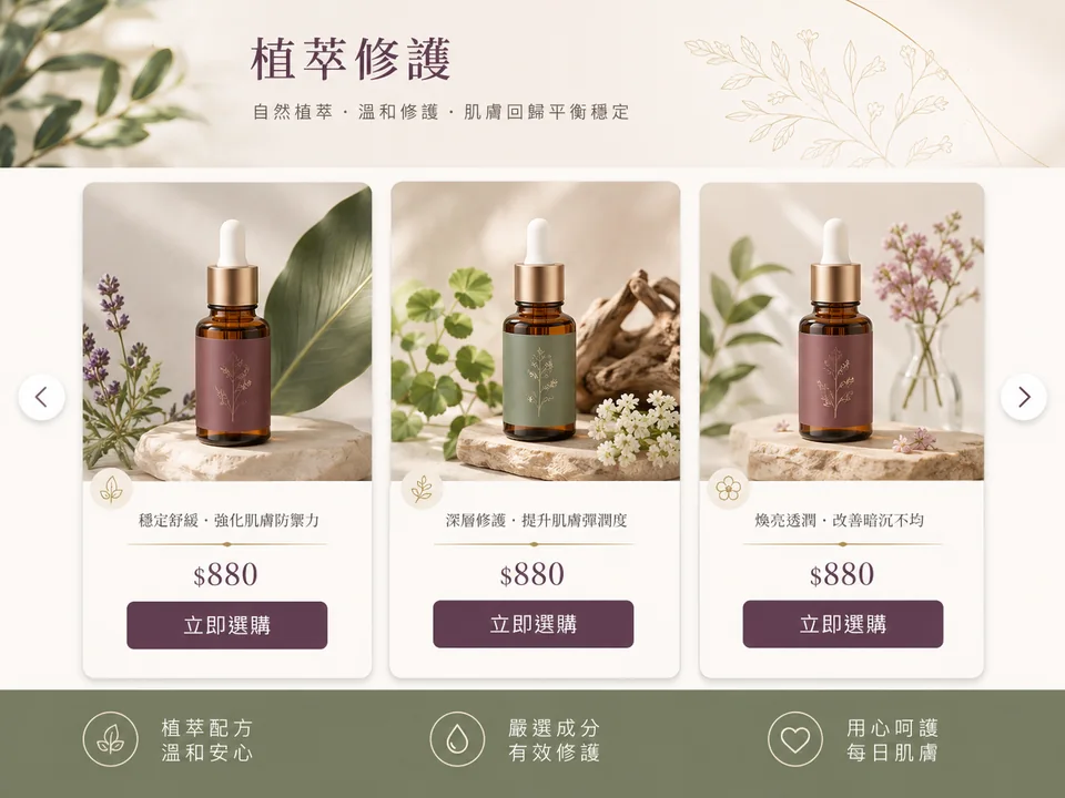 套用 LINE 商品導購卡片指令後生成的植萃保養品卡片示範圖